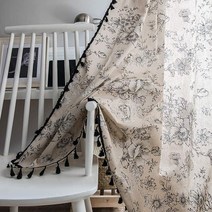 EnjoyBridal 거실용 보헤미안 커튼 213.4cm(84인치) 길이 2패널 프렌치 컨트리 플로럴 드레이프 농가 소박한 창문 패널 침실용 섀비 시크 세미 시어 면 리넨 혼방 투