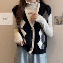 아가일 체크 브이넥 니트 베스트 조끼 여성조끼 니트조끼 패션조끼 부담없이 입는 조끼 데일리룩 F6AB 픽플