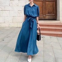 이노뱅크 퍼프소매 카라넥 단색 플레어 롱 원피스 INO275A