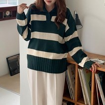 옷자락 [옷자락] 여자 가을 카라넥 배색 단가라 니트 긴팔티셔츠