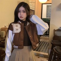 야구잠바 여자야구점퍼 대학과잠 여성 갈색 가을 재킷 패치 워크 버튼 블랙 자르기 탑 재킷 코트 레드 대표팀 항공재킷