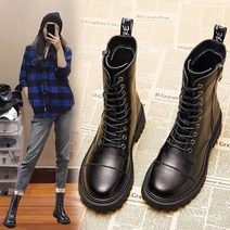 부츠 봄과 가을 프론트 타이 PU 고무 마틴 부츠 두꺼운 힐 짧은 튜브 마이크로 파이버 라운드 헤드
