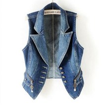 뜨거운 판매 캐주얼 여성 탑 데님 조끼 자켓 봄 가을 옷 민소매 짧은 청바지 양복 싱글