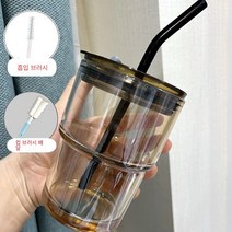 CAICHEN 빨대와 뚜껑이 달린 커피잔 우유잔 유리잔, 450ml, 밝은 갈색 컵 뚜껑 검은 빨대 컵솔과 빨대솔