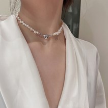 실버 목걸이 와이프생일선물 50대 엄마 갑상선 학생 여자친구 MENGJIQIAO 여자 어 자연 담수 진주 초커 Baroco 스타일의 금속 하트 웨딩 쥬얼리