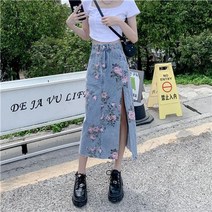 봄여름 여성 미디 스커트 플라워 데님청치마 a라인 빅사이즈CJ