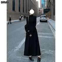 DFMEI 내부 스커트가있는 무릎 롱 스커트 위의 여성용 가을 겨울 하이 칼라 니트 드레스