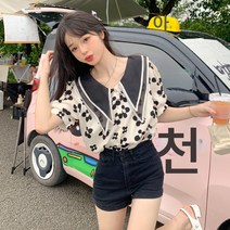 빅사이즈 프렌치 복고 이중 퍼프소매 탑 플라워 프린트 쉬폰 셔츠 여