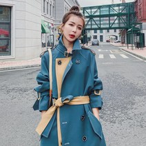 여성 봄 가을 더블 브레스트 윈드 브레이커 히트 컬러 롱 트렌치 코트