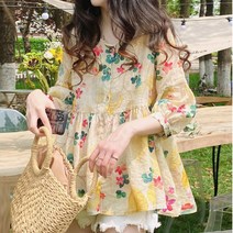 린넨 플라워 블라우스 꽃무늬 데일리룩 편안한 블라우스 군살커버 채형커버 뱃살커버 블라우스