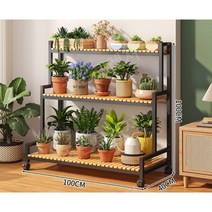 발코니 베란다 실내 화분 다육이 선반 진열장 철제 원목거치대 화분정리대, 대나무 + 블랙 프레임 3단 바퀴 100CM