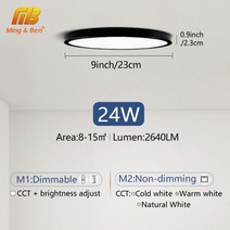 0.9 인치 초박형 Led 천장 조명 방 스마트 램프 앱 원격 제어 밝기 조절 가능한 실내 거실 침실용, Black-9inch-24W_CHINA | Cold W