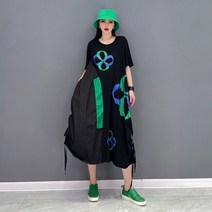 XITAO 프린트 패턴 원피스 패션 접합 쁘띠 상큼 캐주얼 블라우스 여신범 캐주얼룩 루즈한 여름 원피스 WLD6862