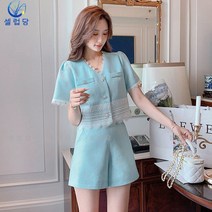 셀럽당 투피스 기질 패션 반팔 레이스 상의 반바지 투피스