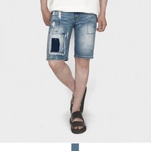 GF어패럴 스판 남성 페인팅 청 데미지 5부 여름 남자 바지 반 데님숏팬츠 밴딩