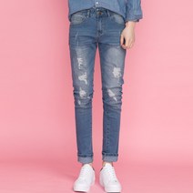 라템 남성용 스판 슬림 일자 디스트로이드 워싱 청바지