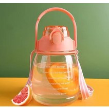 1.3 리터 귀여운 여자 물병 빨대 스트랩 큰 배꼽 컵 스포츠 병 어린이 여성 카와이 동기 부여 물병, 1300ml, 스티커가 붙은 핑크
