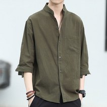 휠렉스 남성 여름 라운드넥 7부 린넨 단추 셔츠 W15