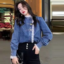Makone 여성 데님 청자켓 캐주얼 재킷레이스 사이드 패치 데님 셔츠