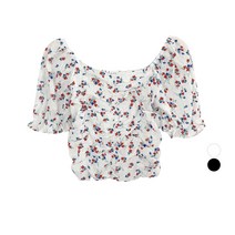 (무배)스퀘어넥 스모크 셔링 플라워 반팔 블라우스