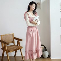 코튼 스커트 홈 여성용 주방 커피 숍 원예 허리 바지, 롱 핑크