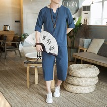 패션반팔티셔츠 캐주얼 룩 남자 차이나 스타일리쉬 와이드 루즈핏 단추 t셔츠 벌룬팬츠 면린넨 4968137243