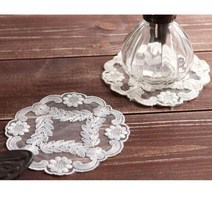 4P세트 티코스터 패브릭 컵받침 레이스 홀더 코스터소품 원형 꽃무늬 받침 도일리 홈카페, 화이트