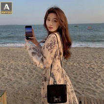 ANYOU 롱 랩 플라워 브이넥 쉬폰 원피스