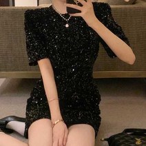 저스트메리드 블랙 펄 반짝이 심플 우먼 반팔 미니 원피스 드레스 C19