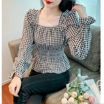 페플럼블라우스 스퀘어넥 크롭 스모크 퍼프 소매 체크 블라우스