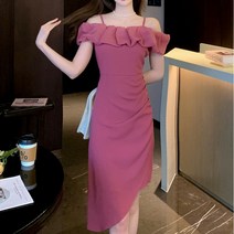 잇츠스타일 여성 언발 슬림핏 오프숄더 프렌치 프릴 미디원피스