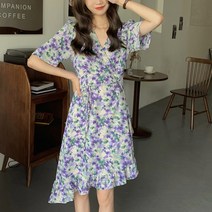 스타일아유 여성 여름 플라워 꽃무늬 프릴 셔링 러플 브이넥 랩 쉬폰 언발 키작녀 원피스 하객룩 데이트룩 오피스룩