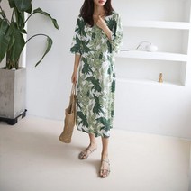 여자 나뭇잎 패턴 그린 롱 반팔 원피스