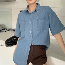 투포켓 디테일 캐주얼 카라 데님 셔츠 2J113817