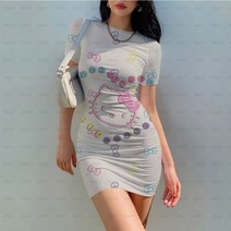 꽃무늬 쉬폰 봄 롱 휴양지 원피스 여름 캐주얼 스트리트 드레스 헬로 키티 3 만화 파티 미니 -넥 여성용 탄성 스커트