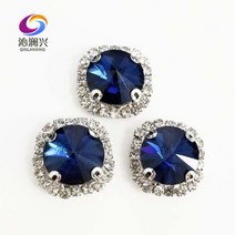 단양 자석 문방사우 중국라운드 모양 상단 유리 크리스탈 라인석 구멍 잉크 블루 실버 하단 바느질 돌 Diy