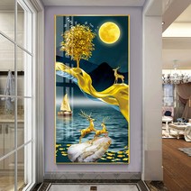 사무실 현관 입구 대형 풍수 돈들어오는 그림 인테리어 돈나무 황금 달 사슴 보석십자수 재료, 60X110CM