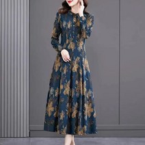 MOSAIRATION중년여성 가을 쉬폰원피스 롱 쉬폰 원피스 엄마옷 긴팔 원피스