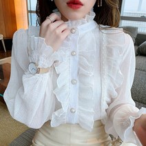블라우스신상 프릴 레이스 쉬폰 셔츠 우아하고 스위트한 시크한 롱 퍼프 슬리브 여성 블라우스 살구 상