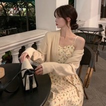 [2023년] 허리라인이 들어간 여성 플라워 패턴 뷔스티에 원피스 세트 여신 원피스 니트 카디건 아우터 봄 여름 2023년