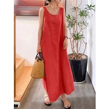 린넨 원피스 봄 가을 빅사이즈 까지 여름 긴 버전 슬링 코튼 포켓 라운드 넥 기질 민 드레스 여성