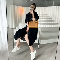 봄 가을 여성 블랙 데님 셔츠 롱 원피스 풀오픈 단추 포켓 빅사이즈 데일리 캐주얼