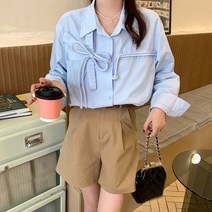 [랜덤플레이] 가슴 리본 스트링 포인트 무지 남방 셔츠