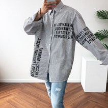 오버핏 심플 레터링 스트라이프 셔츠 남방 2color