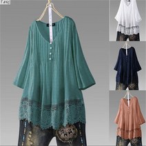 TANC 여름 여성 반팔티 블라우스 브이넥 레이스 빅사이즈