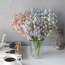 일편단심 봄빛 안개꽃 조화 부쉬 탁자 꽃꽂이 옷가게 소품 파티 리빙 인테리어 예식장 카페, 화이트