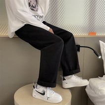 도구정리 식품수납 트롤리 읽기 쉬운 봄 가을 남성 청바지 캐주얼 느슨한 넓은 다리 솔리드 스트랜트 바지, 02 black_01 M