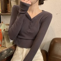 [랜덤플레이] 봄신상 브이넥 버튼 숏 슬림 티셔츠