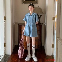 puildaug 점프 수트 여성 작은 여름 정장 기질 높은 허리 느슨한 슬림 짧은 소매 데님 점프 수트