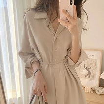 CHIC 미니멀리즘 카라넥 싱글 버튼 스트랩 허리보정 보텀 트임 셔츠원피스 여성